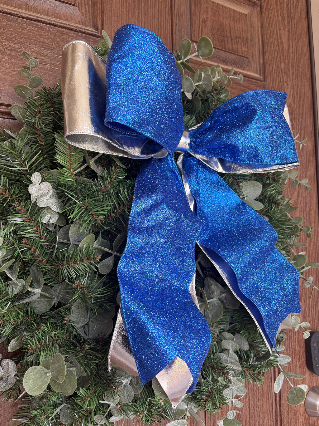 Blue Glittered and Metallic Silver Bow