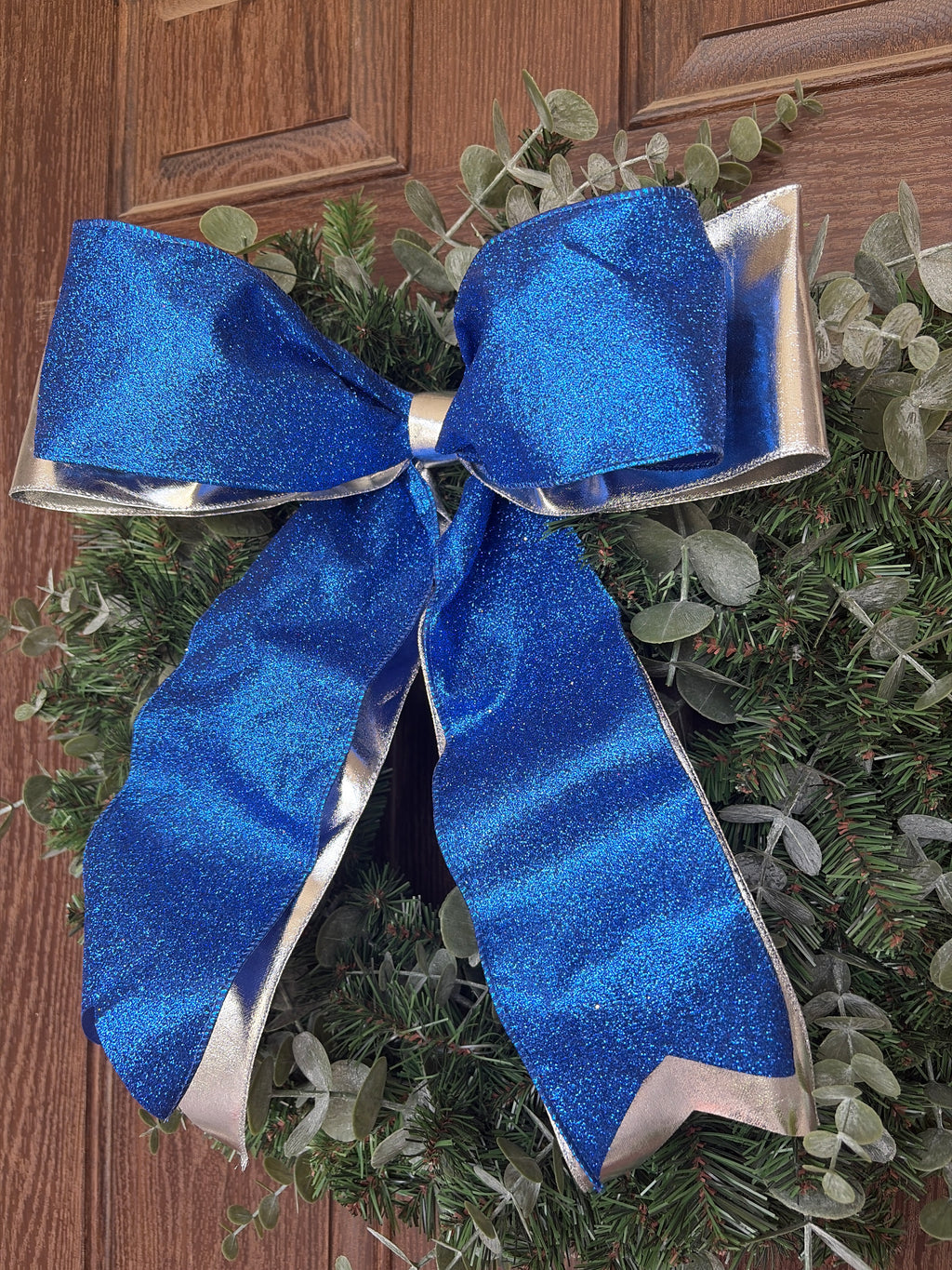 Blue Glittered and Metallic Silver Bow
