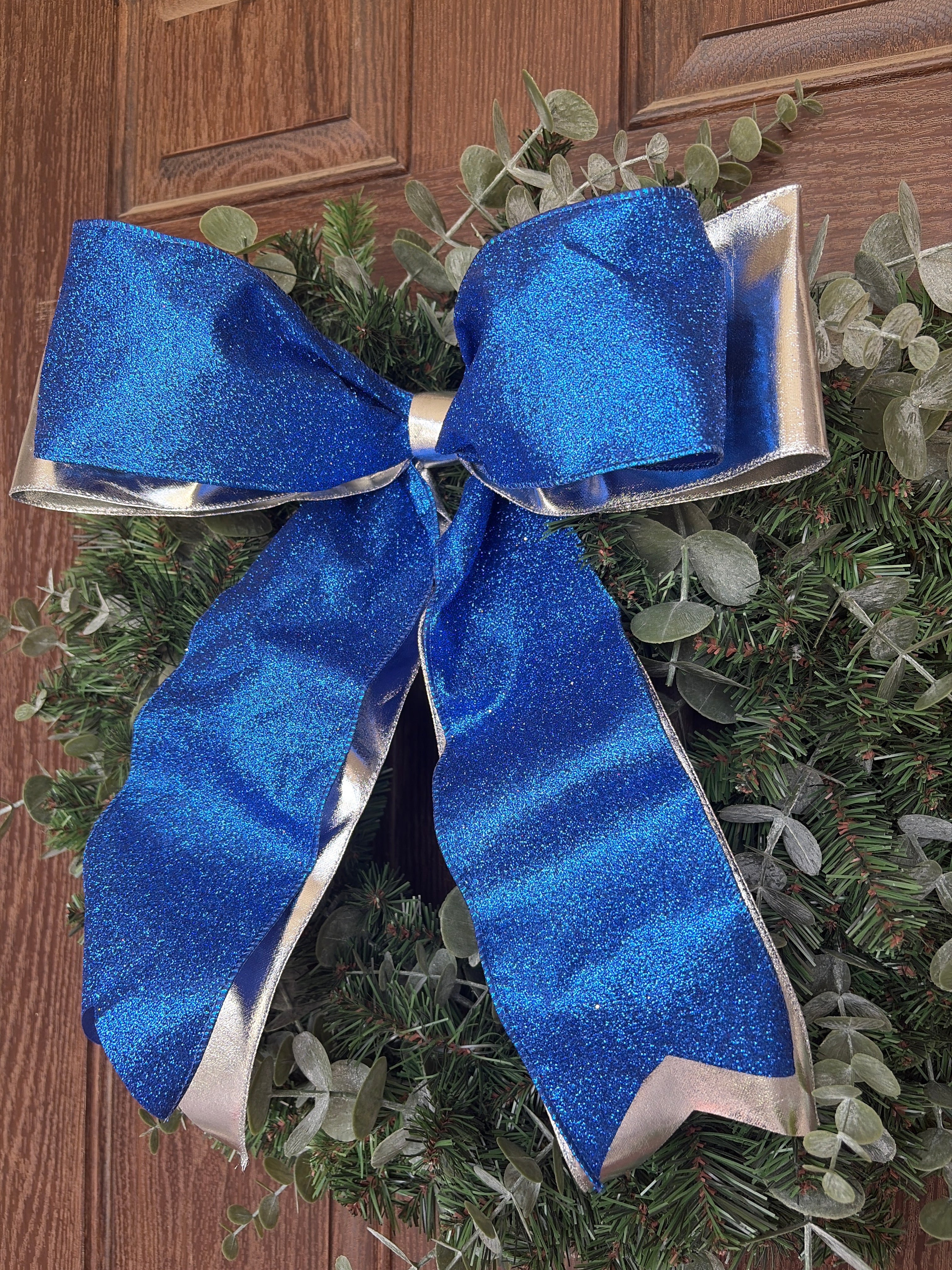 Blue Glittered and Metallic Silver Bow
