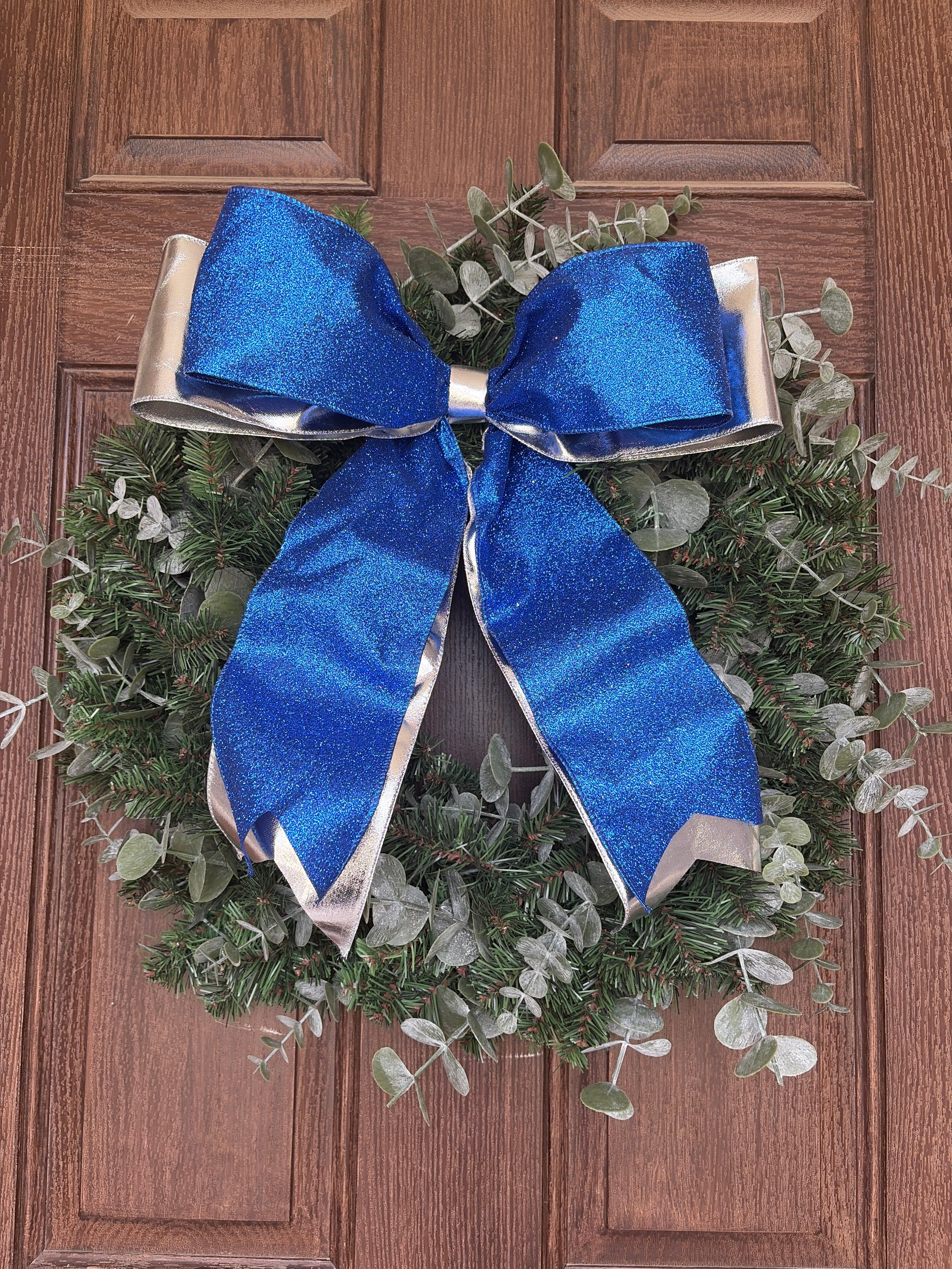 Blue Glittered and Metallic Silver Bow